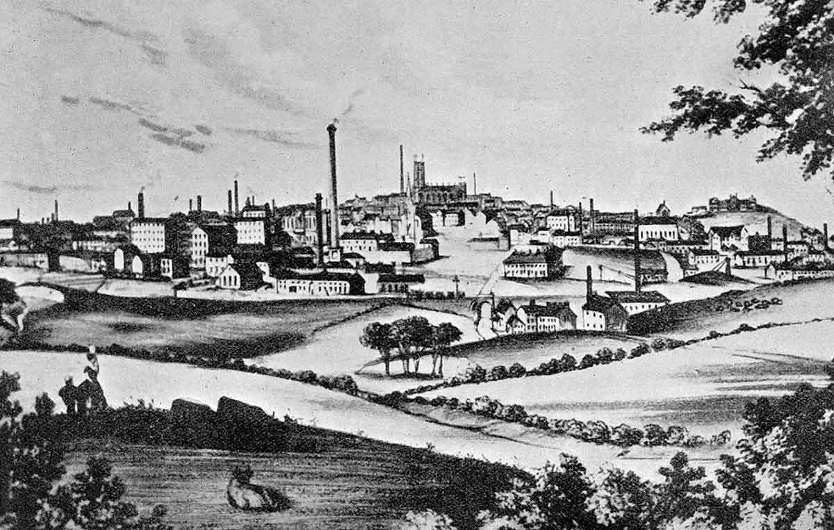 Commencing industrialism. A Lancashire town in the early 19th century, surrounded by enclosed
