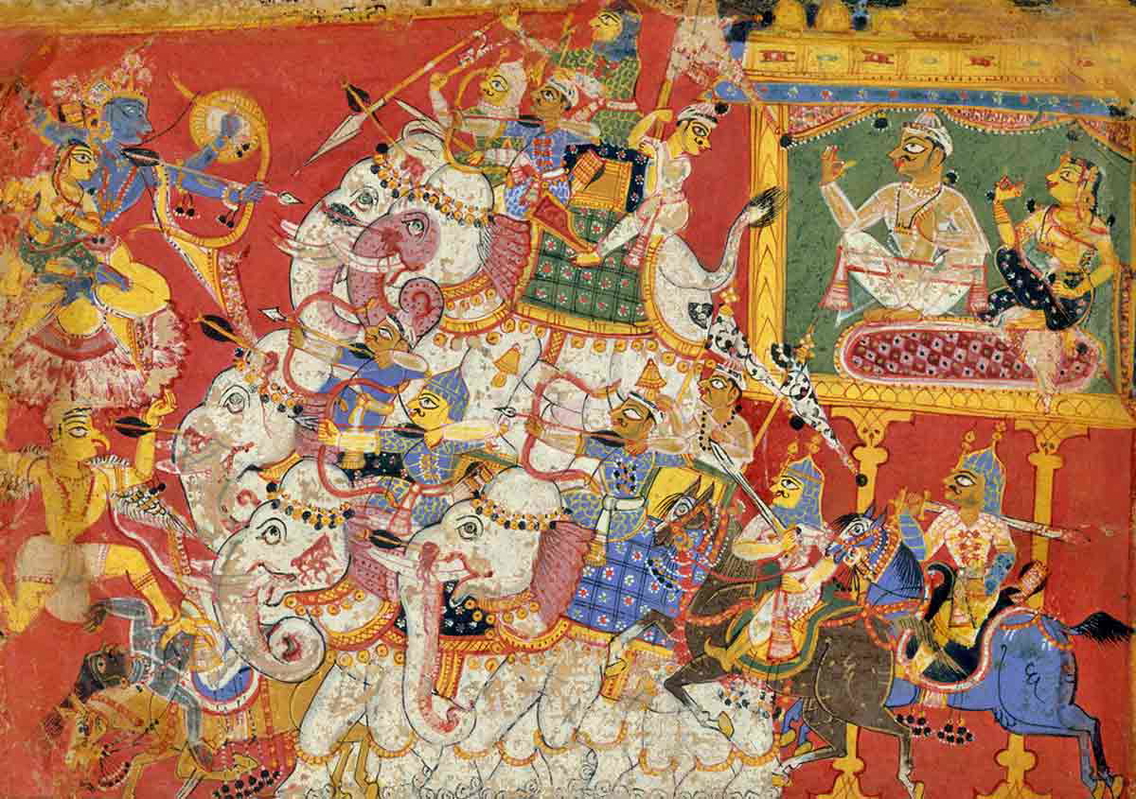 Krishna (far left) battles against the army of King Narakasura (far right), via Wikimedia Commons