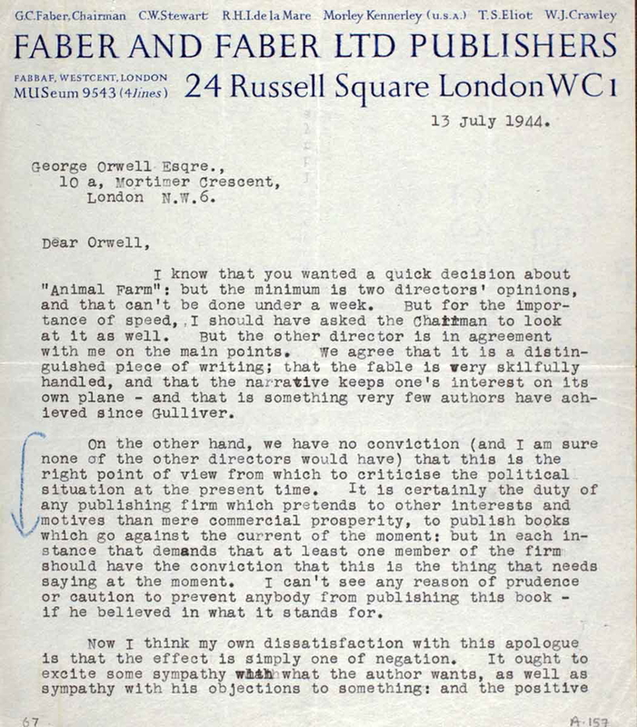 The letter to Orwell from T.S Eliot at Faber and Faber rejecting Animal Farm on political grounds, via British Library