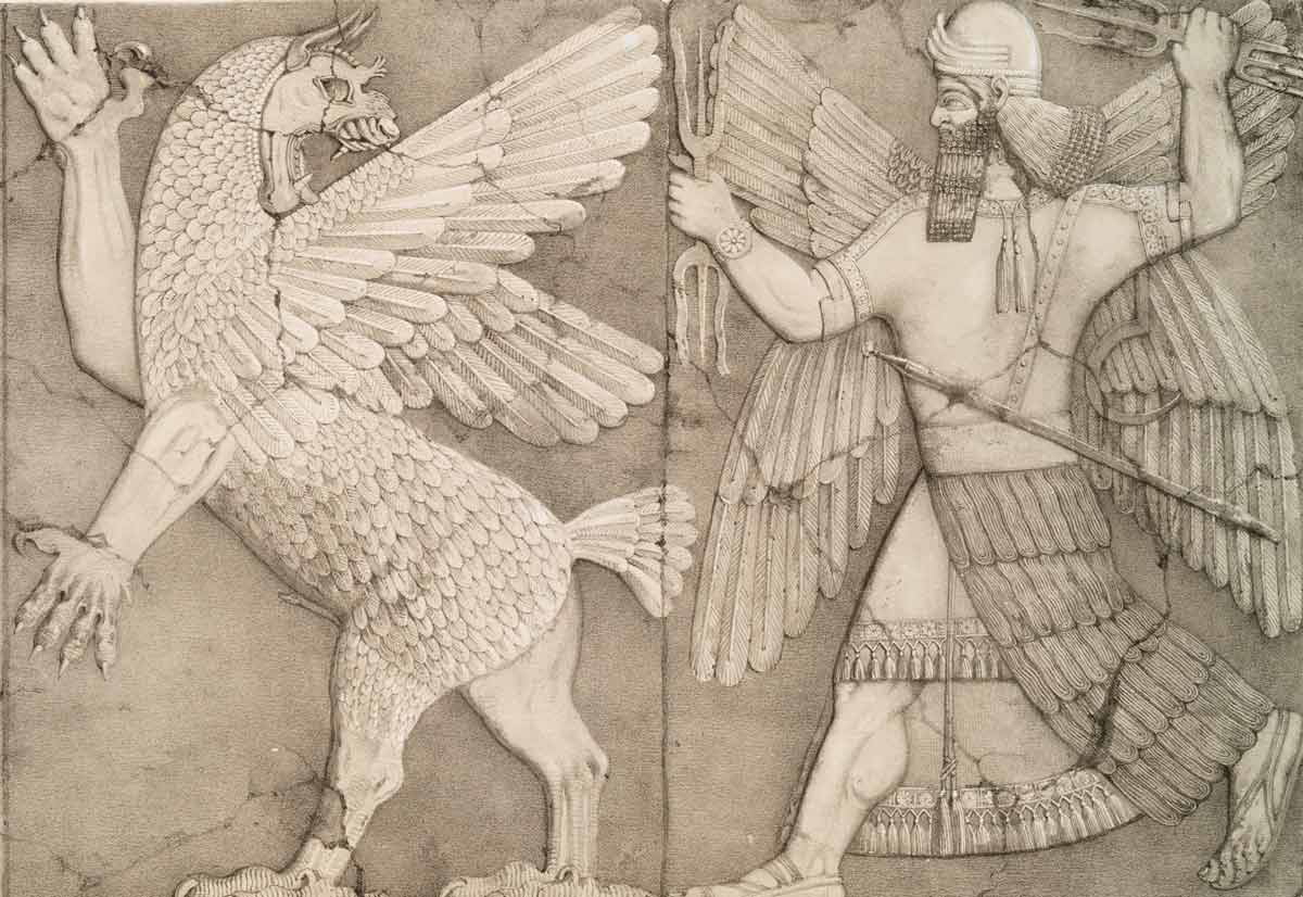 bas reliefs chaos monster sun god nineveh layard 1853