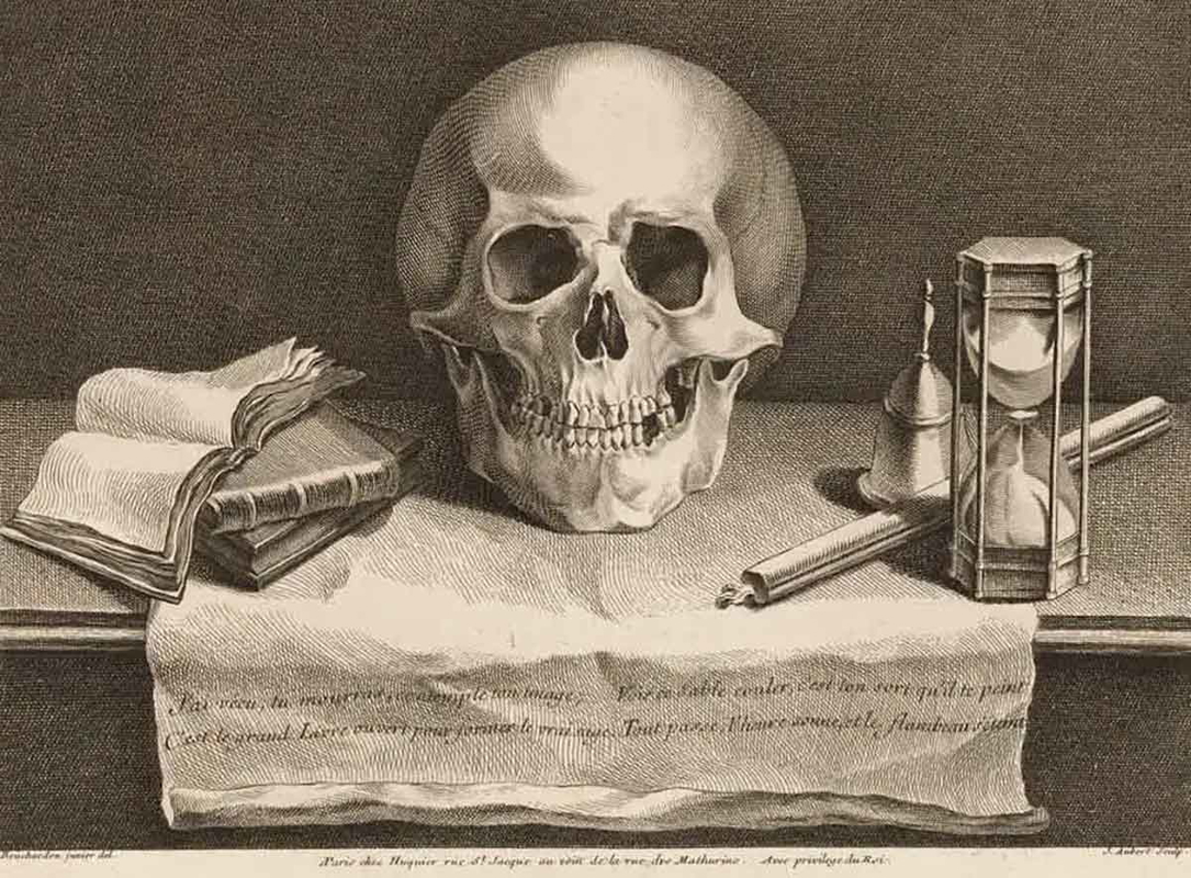 Still life with vanitas symbols by Jean Aubert, 1708-1741. Source: Rijksmuseum, Amsterdam