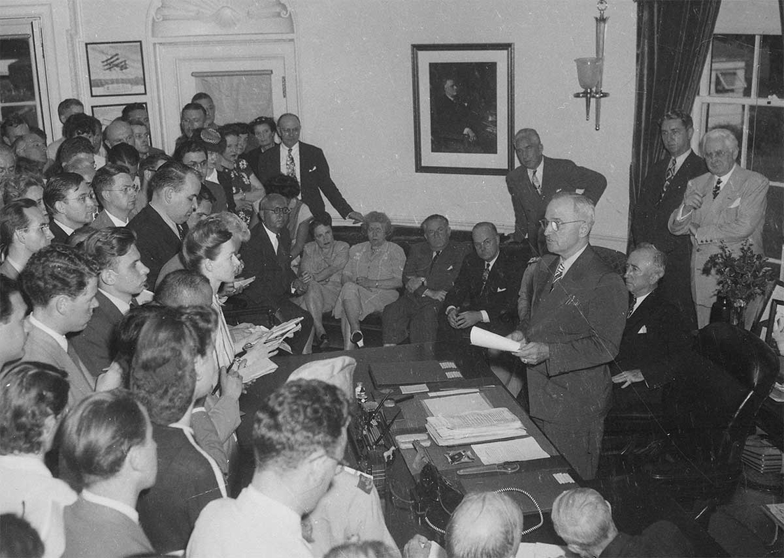 President Truman announces Japan’s surrender in the Oval Office. Source: National Archives