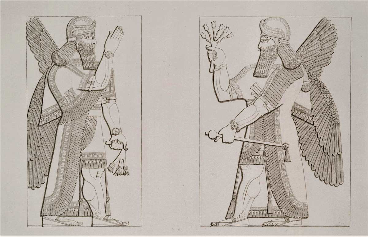 winged figures babylonian gods relief layard 1849