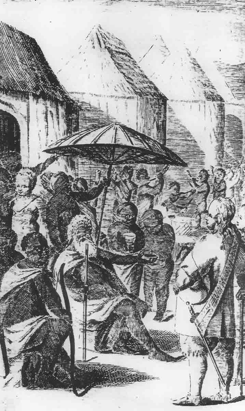 Bredewa, the King of Fetu, with the Swedish commissioner Neumann in or near Degou (the contemporary Cape Coast in Ghana) in 1648.