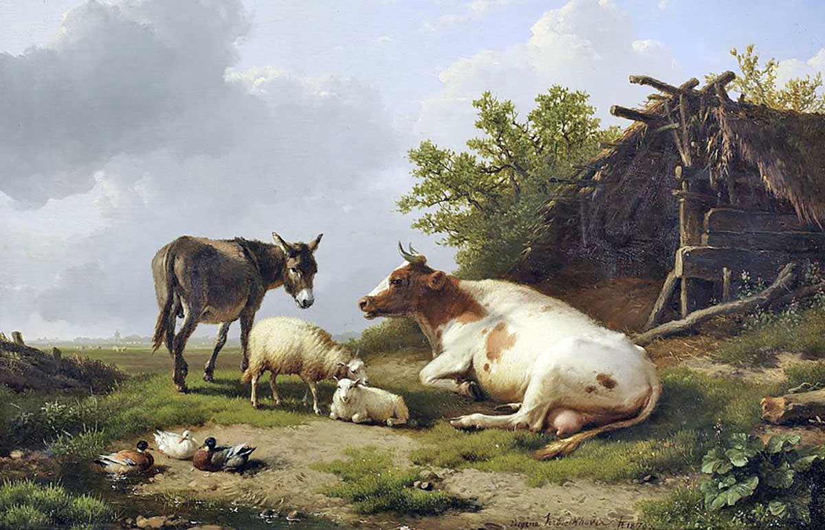 Farm animals by a field shelter, Eugène Verboeckhoven, 1870. Source: Bonhams.
