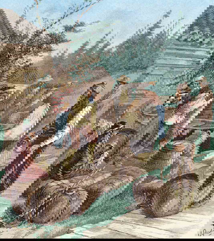 Indigenous trappers pack furs at an HBC trading post in the 1800s.