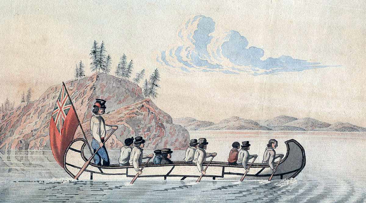 Hudson’s Bay Company officials cross a lake in an express canoe, Source: Wikimedia Commons 
