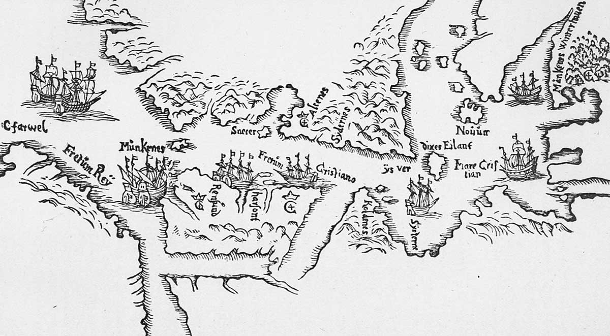 The Mysterious Frozen Sea: a crude map of Hudson’s Straight and Bay by the Danish sea captain Jens Munck (1619-20), Source: Wikimedia Commons