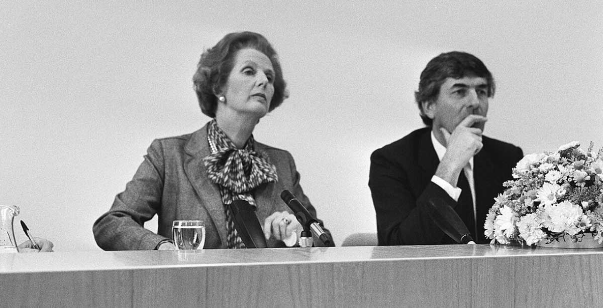 Mrs Thatcher fields questions from the press (1985), Source: Wikimedia Commons