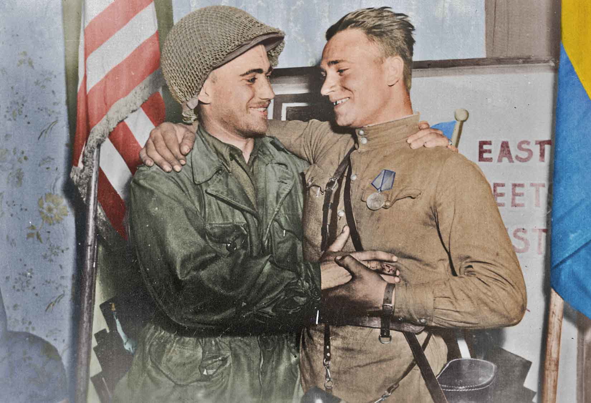 Soviet and American meet 1945 allied powers
