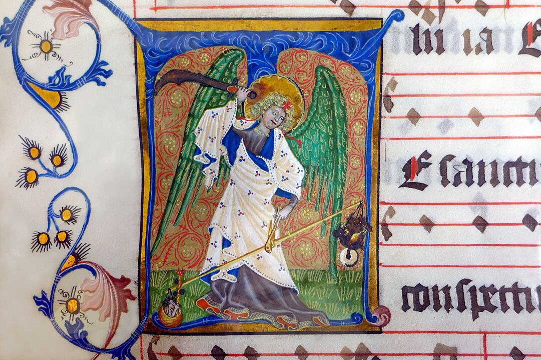 St. Michael weighing souls during the Last Judgement, Antiphonale Cisterciense, c. 15th century. Source: Abbey Bibliotheca, Rein Abbey, Austria