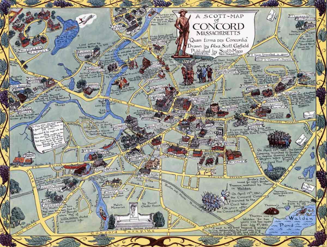 Map of Concord, Massachusetts, where Emerson shared a community of likeminded writers. Source: David Rumsey Map Collection