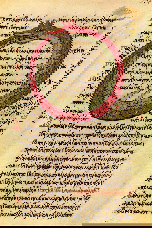 Ouroboros drawing from a late medieval Byzantine Greek alchemical manuscript. Source: Wikimedia