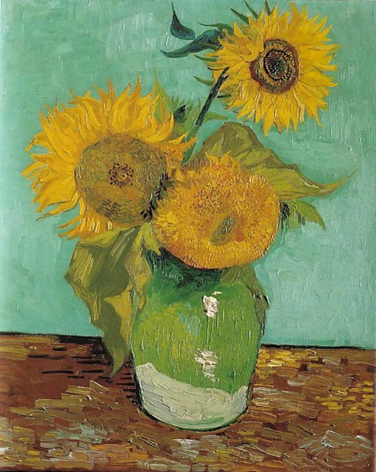 van gogh three sunflowers in vase painting
