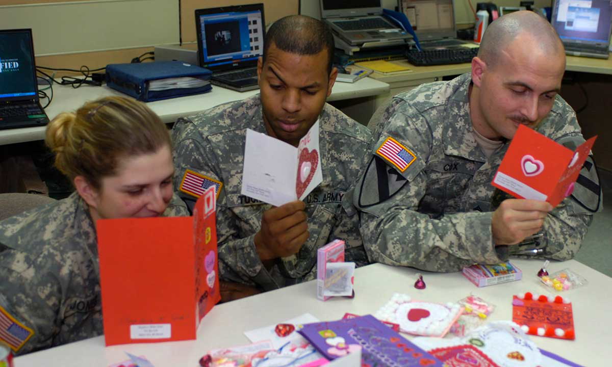 Boxes of Valentine’s Day cards and gifts arrive at US Army Camp Liberty, Iraq, 2007, Source: Wikimedia Commons