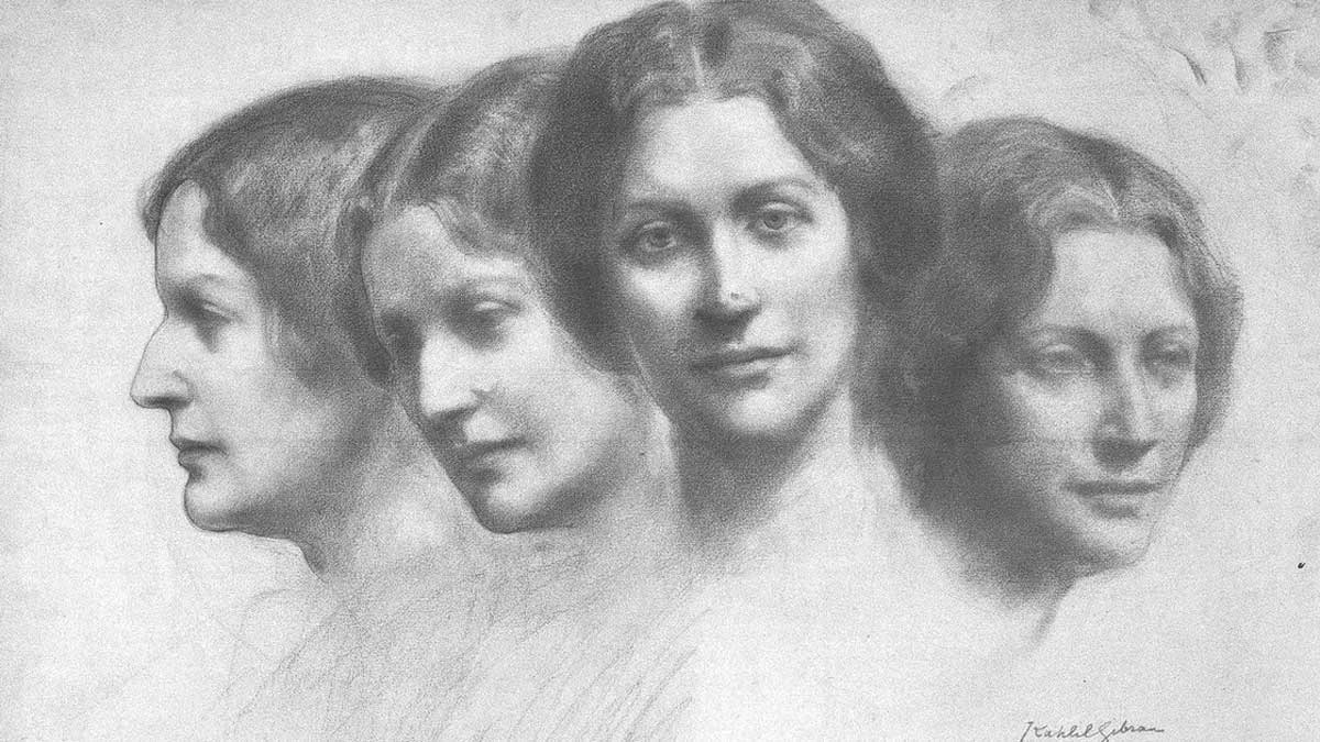 khalil gibran four faces graphite drawing
