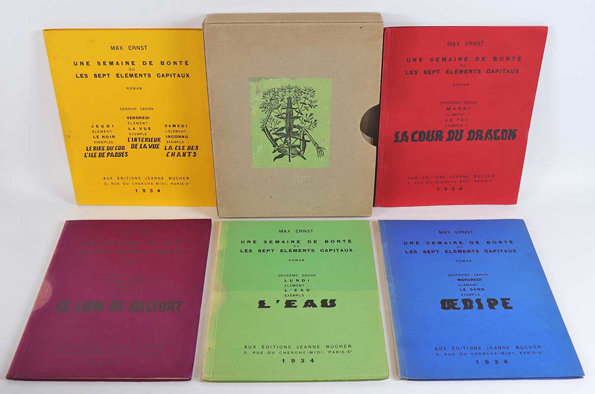 The five pamphlets and box from Max Enst’s Une Semaine de Bonte, 1934. Source: Auction France