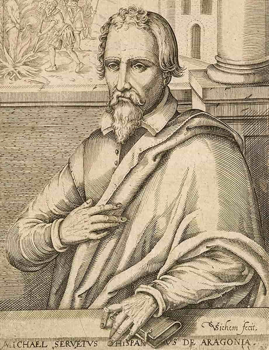 michael servetus burnt at the stake in background