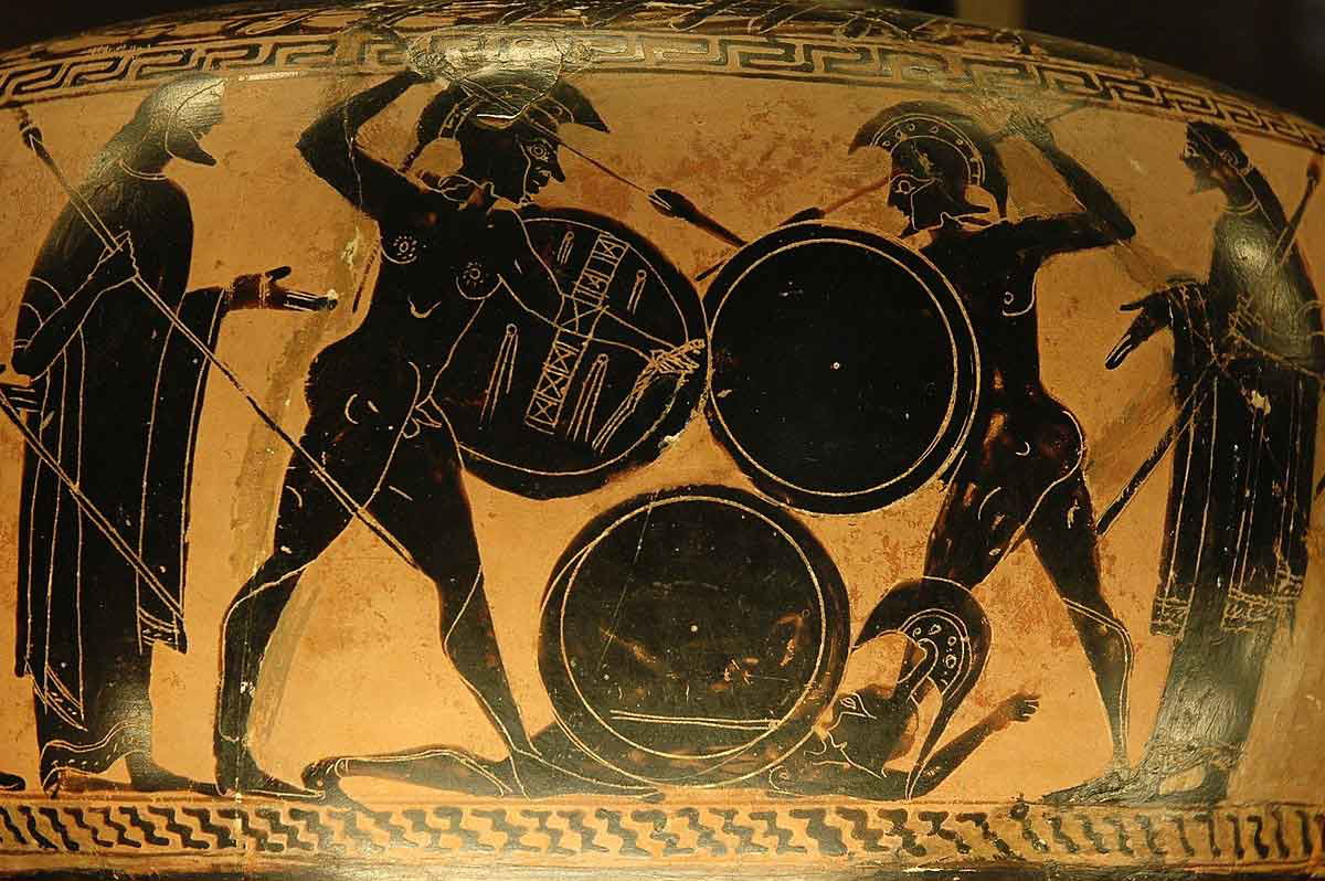 scene of battle black figure pottery