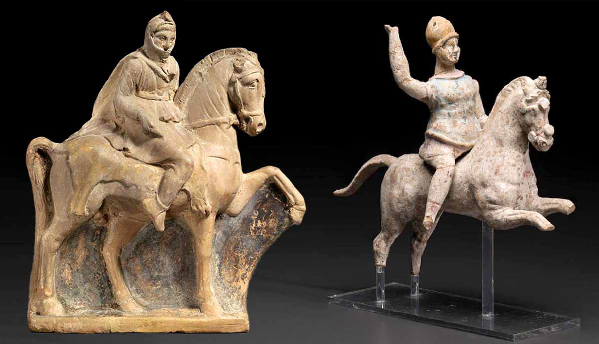 Terracotta statues of a horseman and a Greek horse and rider