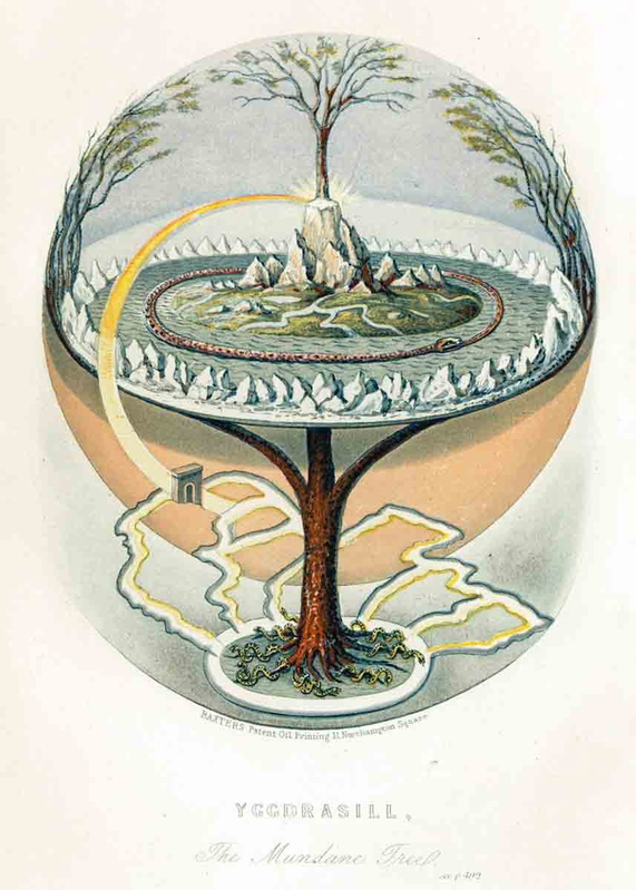 The World Tree of Norse mythology, at the center of a flat earth, surrounded by the ocean, Source: Wikimedia Commons