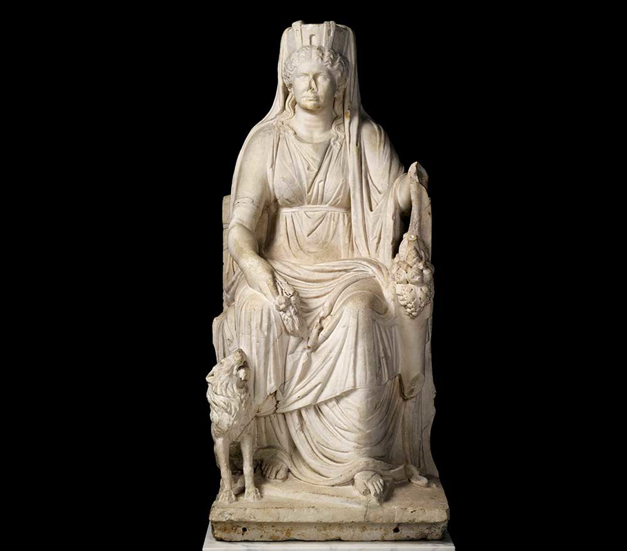 Cybele enthroned, with lion, cornucopia, and mural crown, Roman marble, 50 CE. Source: Getty Museum