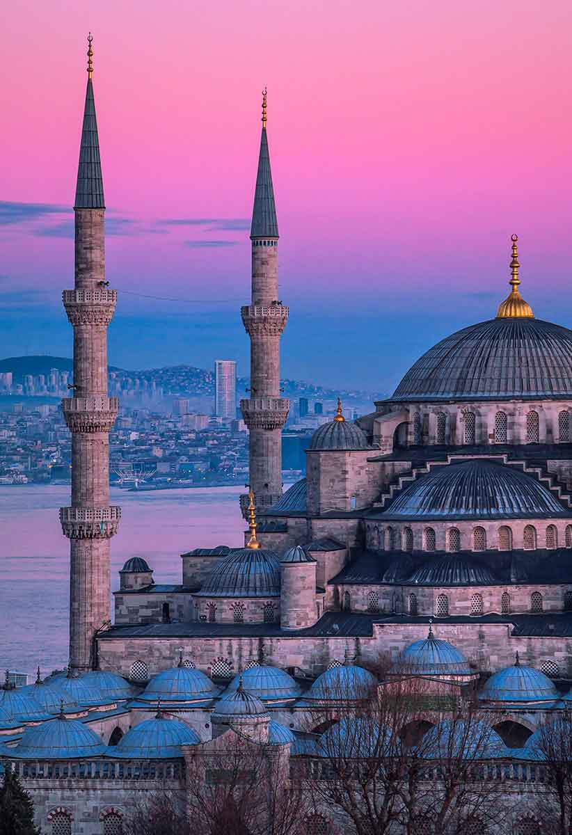 blue mosque at sunset