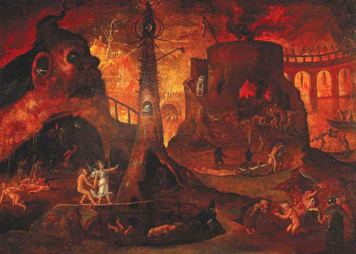 bosch follower angel leading soul into hell painting