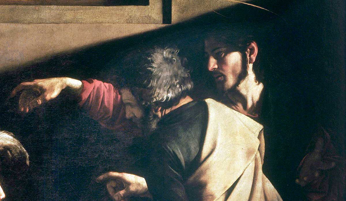 caravaggio detail calling matthew christ peter