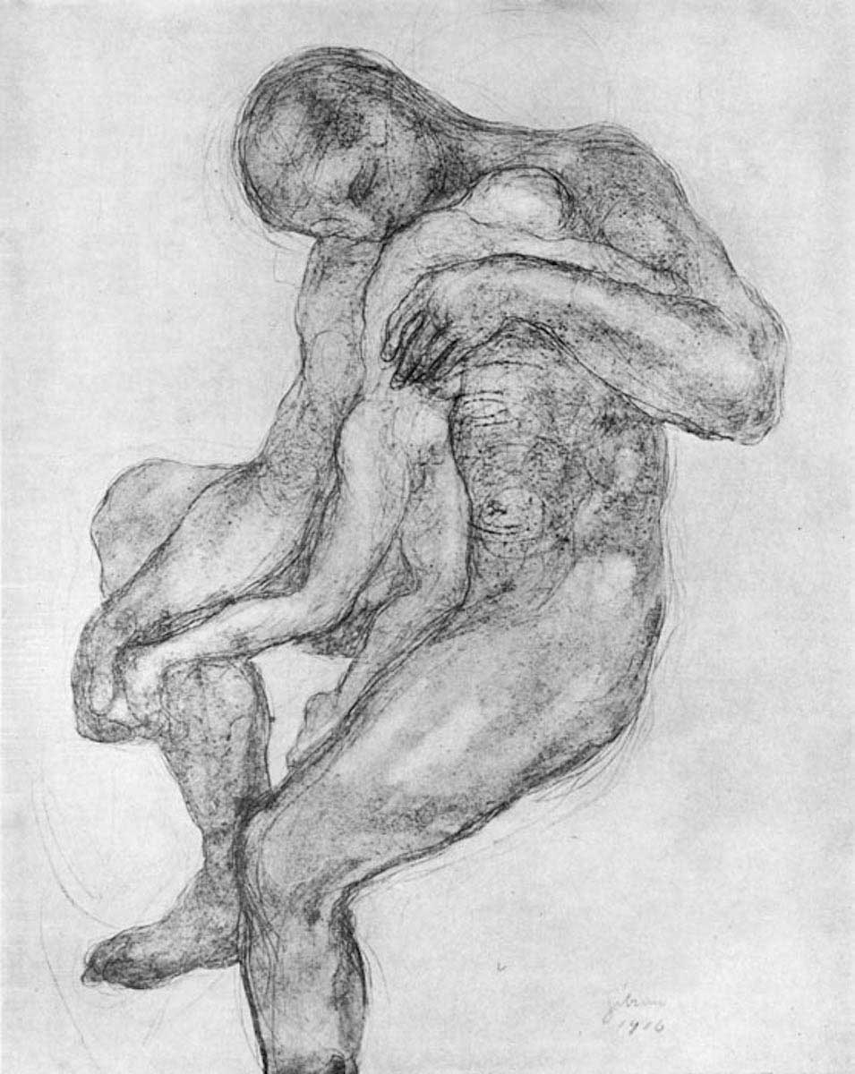 drawing greater figure holding smaller figure bw