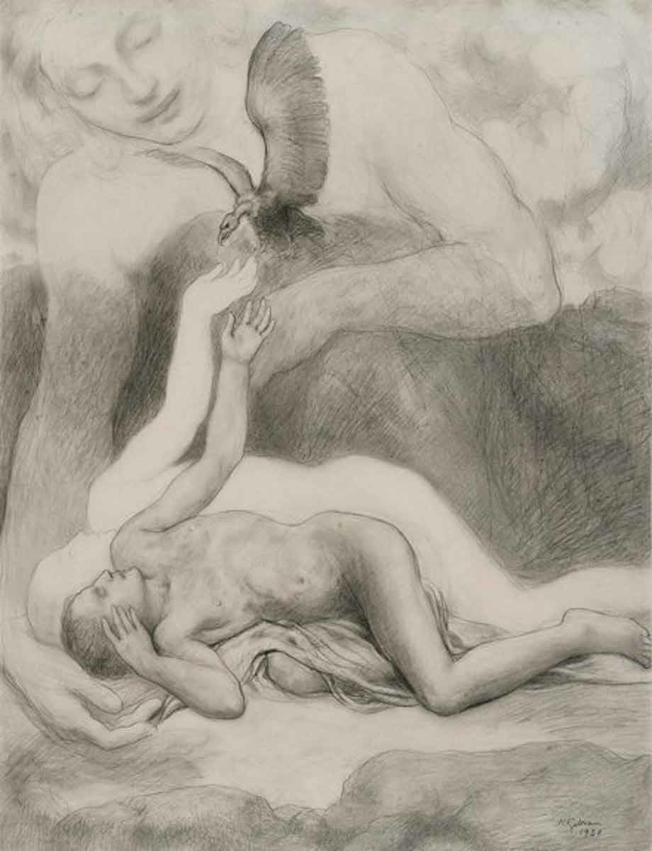 khalil gibran man lying bird pencil drawing