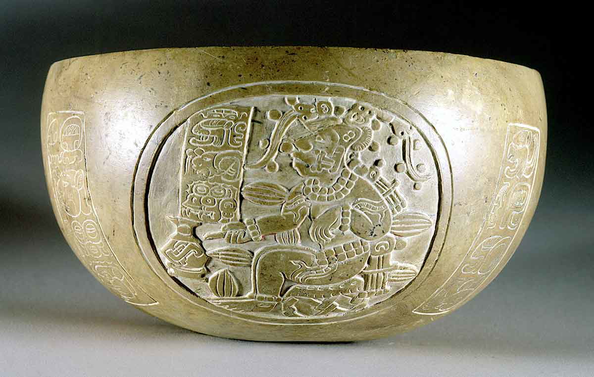 Bowl featuring the god of maize as a cacao tree, highlighting the sources of two important New World inventions, Maya, c. 5th century CE. Source: Dumbarton Oaks Museum, Washington, DC