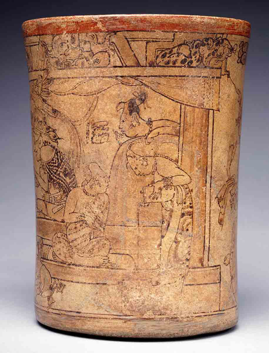 The Princeton Vase, a Maya chocolate cup with an illustration showing a woman pouring chocolate, 670-750 CE. Source: Princeton University Art Museum