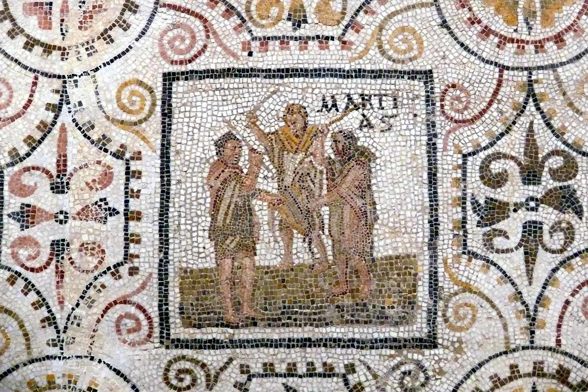 Mosaic fragment depicting one of the religious festivals on the “Ides of March” - the Mamuralia, first half of 3rd century CE, El Djem, Tunisia, photo by Ad Meskens