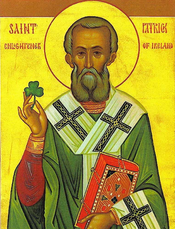 Icon depicting St Patrick holding the shamrock. Source: Vintage Everyday