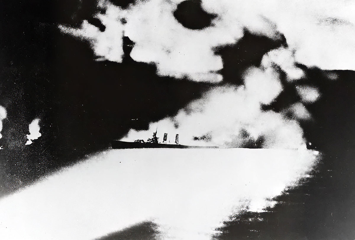 USS Quincy sinking Japanese view. Source: Wikimedia Commons