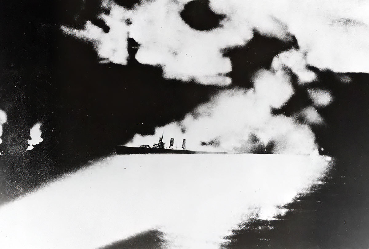 USS Quincy sinking Japanese view. Source: Wikimedia Commons