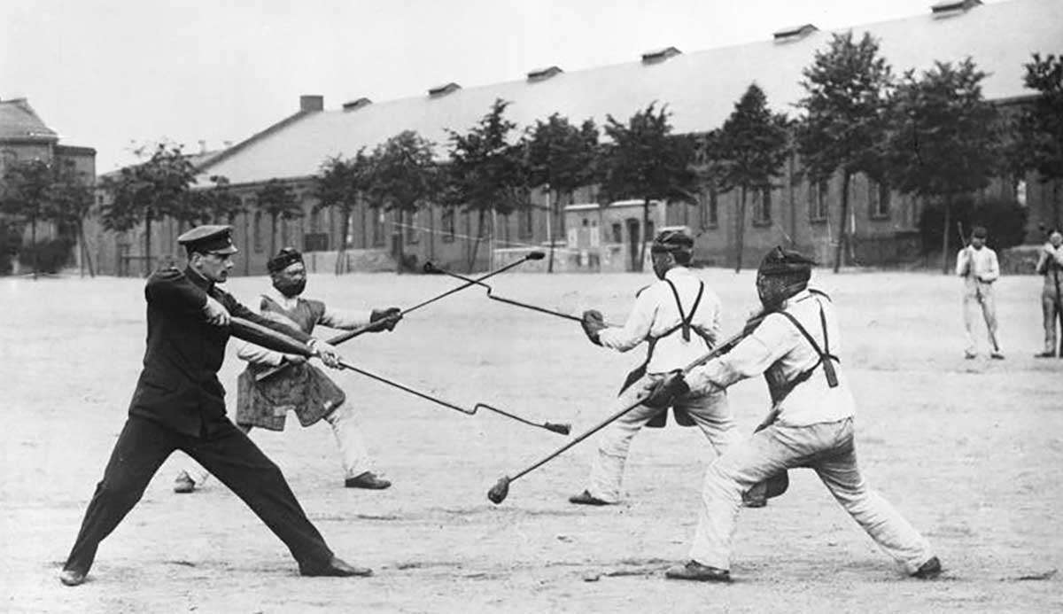 german soldiers practice bayonets