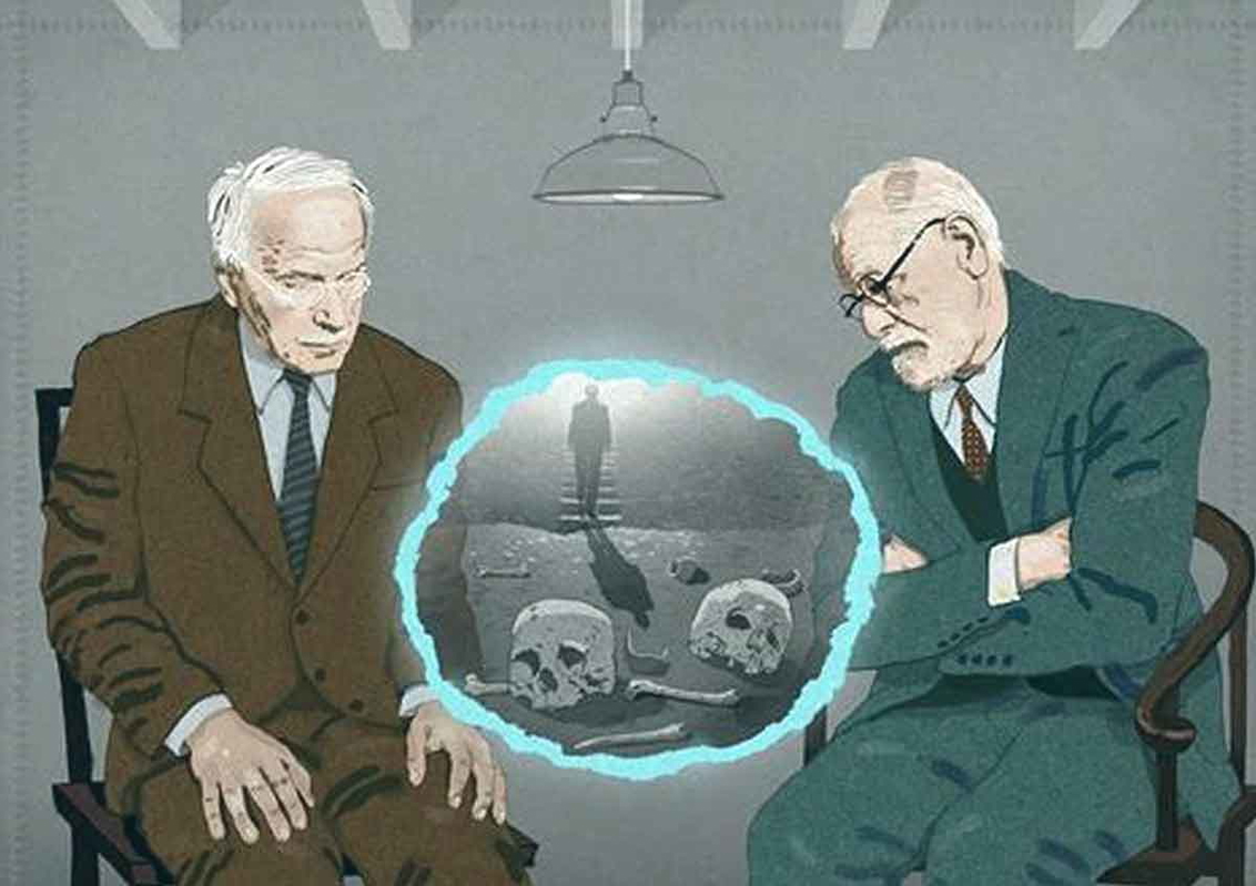 Illustration of Carl Jung and Sigmund Freud exploring a dream by Derek Bacon. Source: Cartoon Movement.
