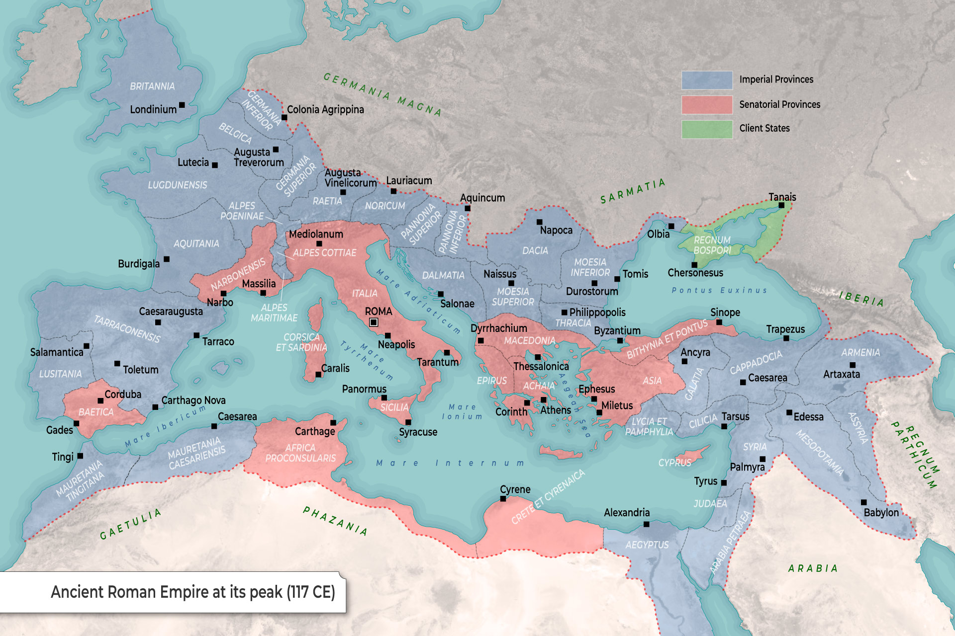 Map of Ancient Roman Empire at its peak (117 CE)