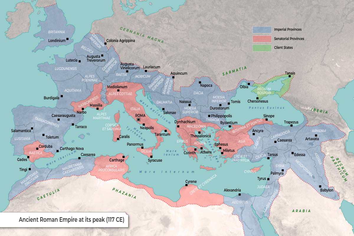 Map of Ancient Roman Empire at its peak (117 CE)