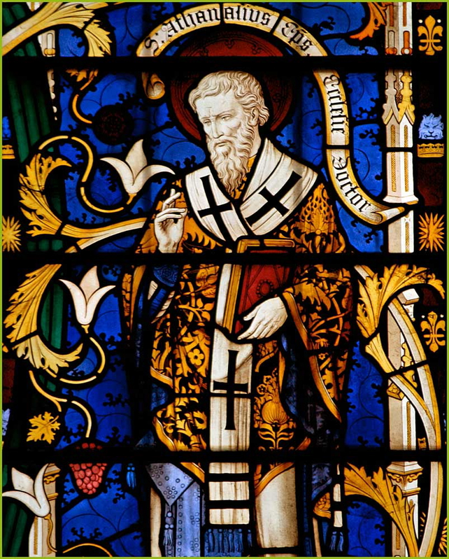 Stained glass window featuring Saint Athanasius. Source: Catholic Saints