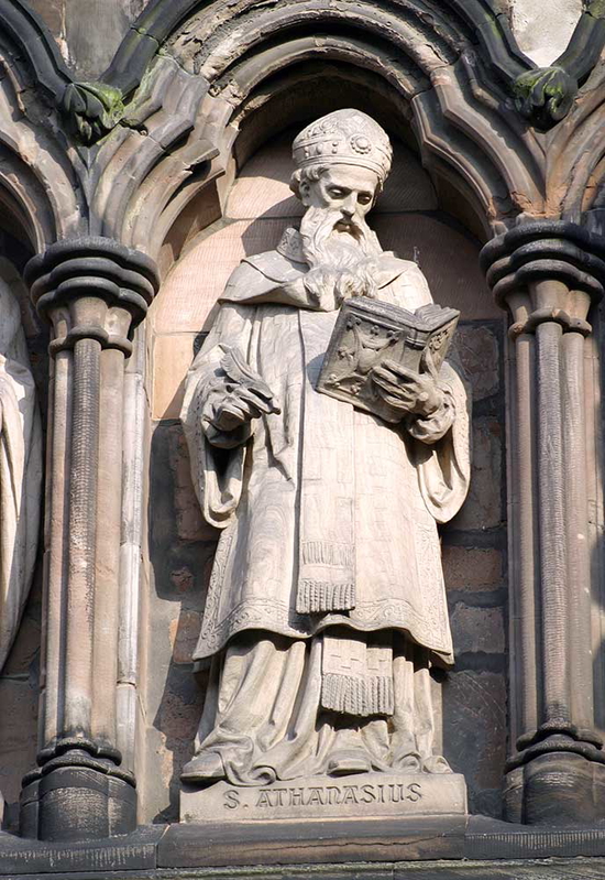 Statue of Saint Athanasius on the side of Lichfield Cathedral, England. Source: Catholic Exchange