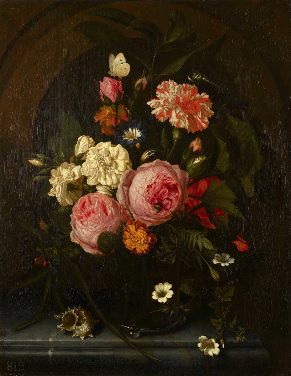 still-life-flowers-insects-shell-maria-van-oosterwijck-painting