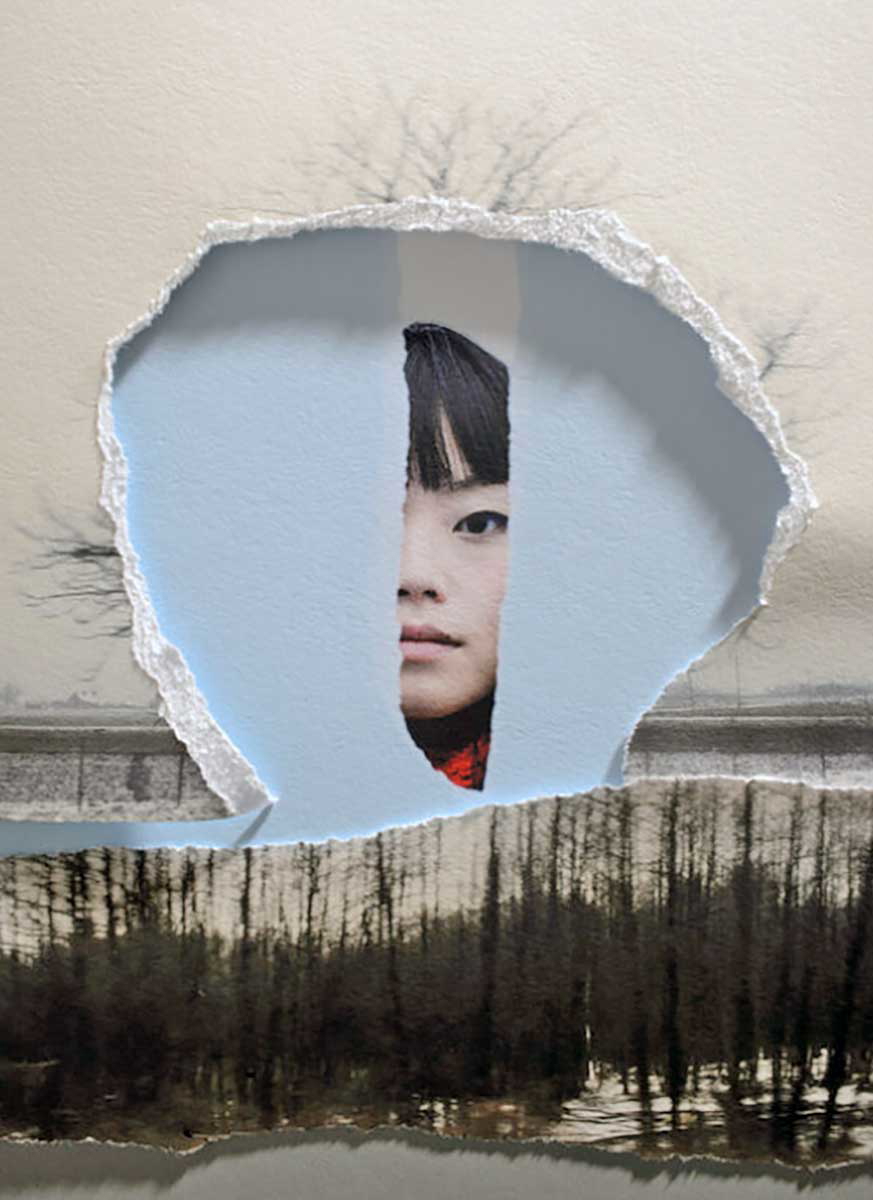 woman forest collage japanese art mural ripped