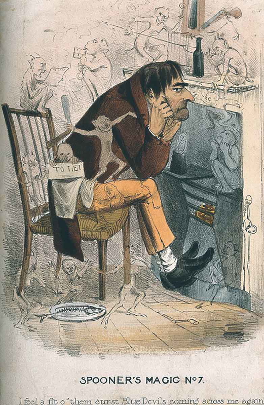 “A wretched man approaching depression, represented by encroaching little devils”, Source: Wikimedia Commons