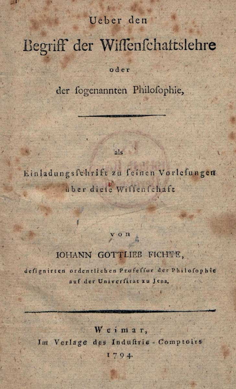 The original German cover page of Fichte’s Wissenshaftslehre. Source: Deutsches Textarchiv 