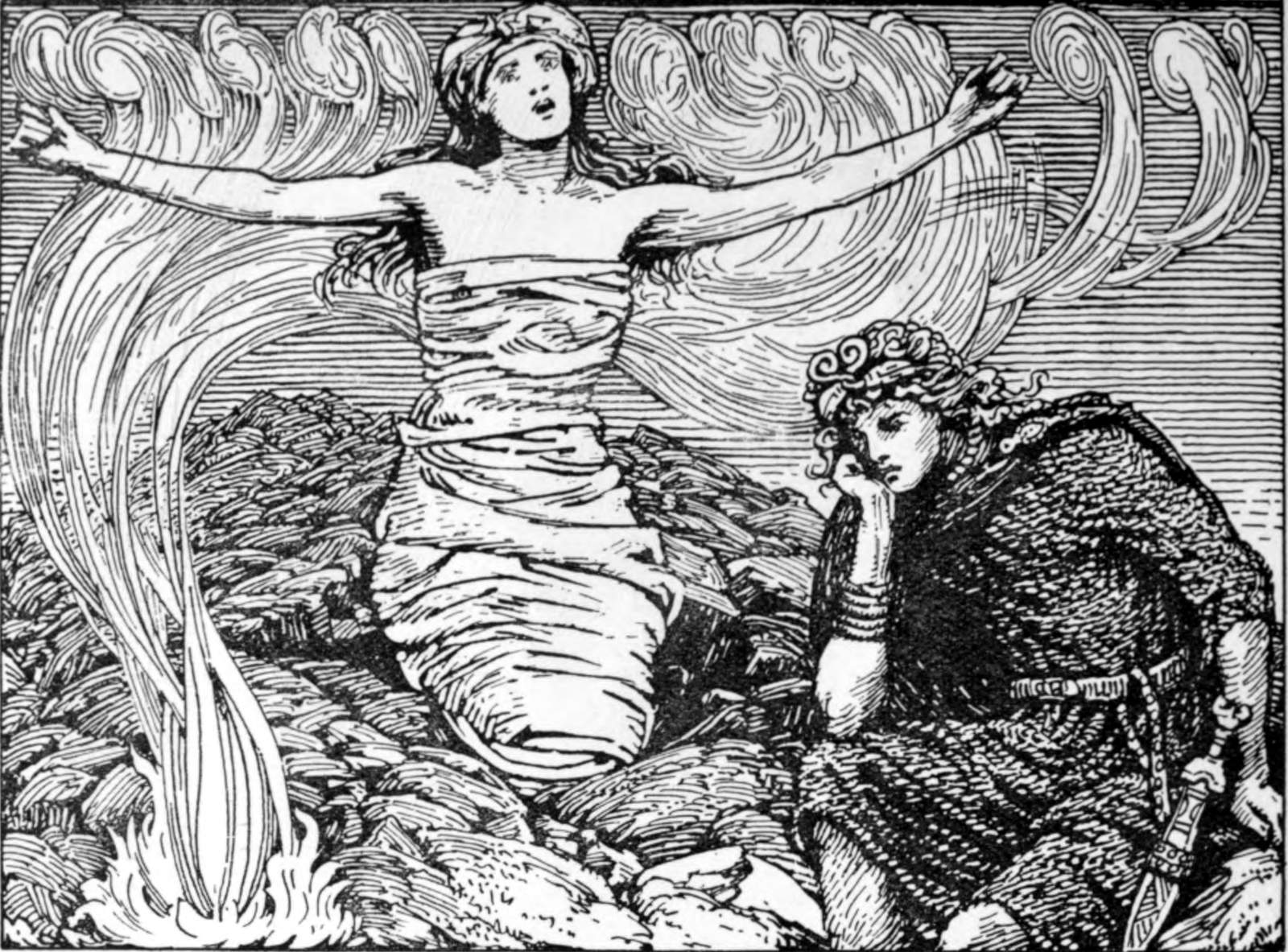 Völva Groa chanting a spell, by W.G. Collingwood, 1908. Source: Wikimedia Commons