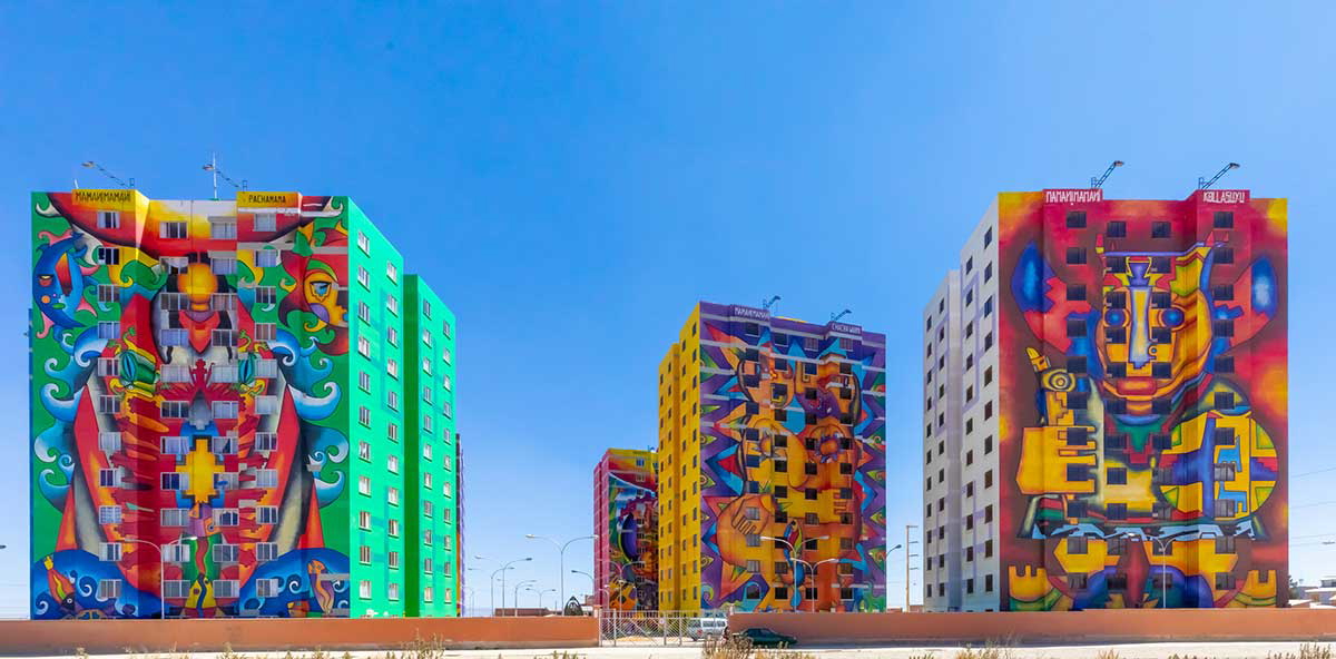 colorful building murals in Bolivia, indigenous art by Roberto mamani mamani