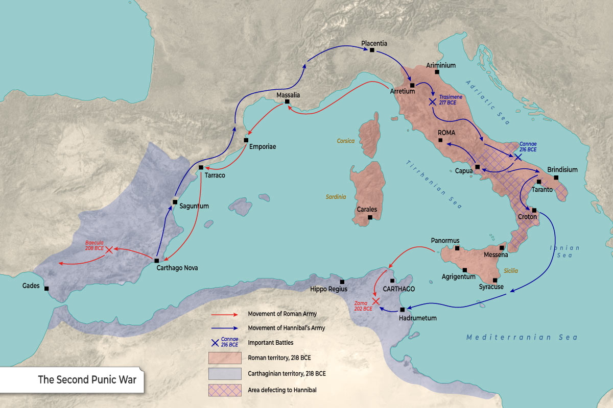Map of the Second Punic War (218 to 201 BCE)